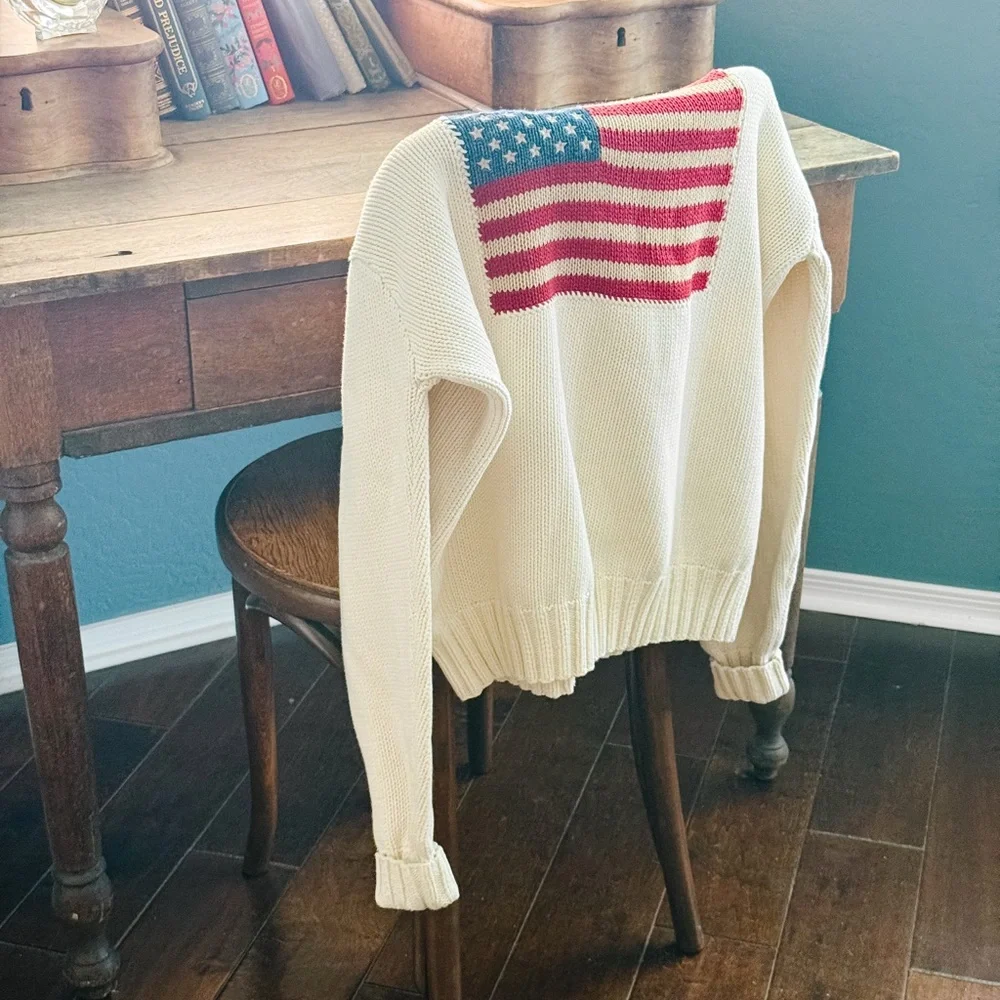 RARE 90s Vintage Ralph Lauren Cream Flag Turtleneck Sweater size M - Blue Tag - Picture 7 of 13